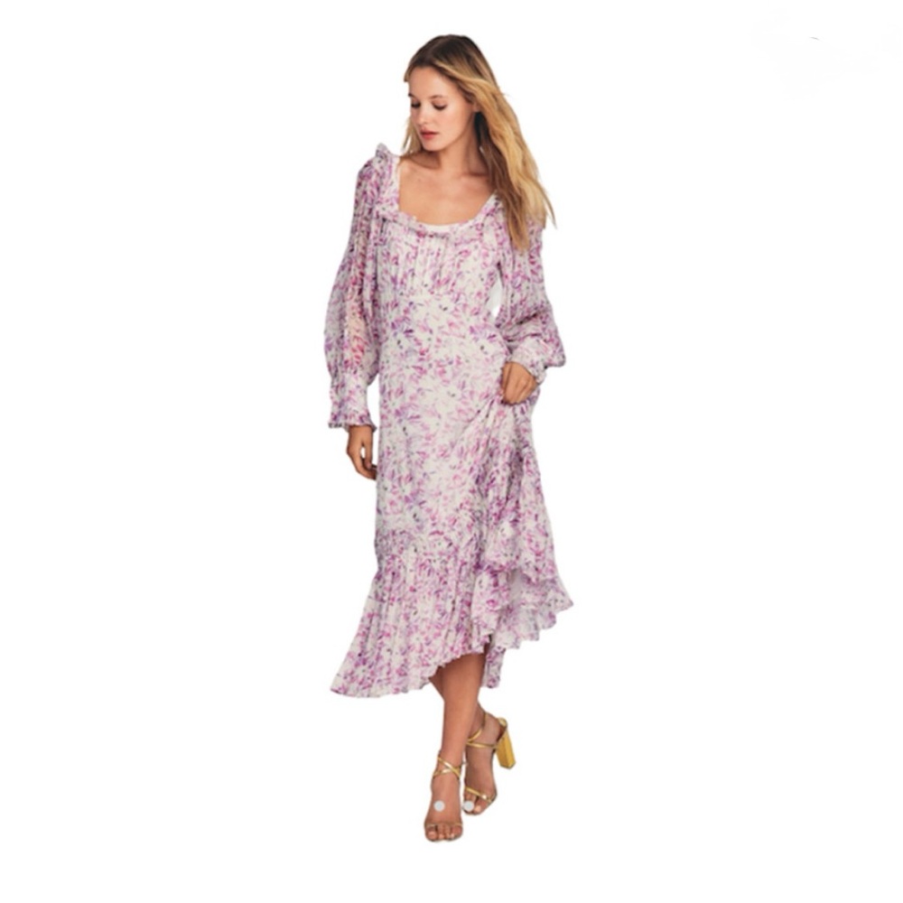 LoveShackFancy Lavender Floral Long Sleeve Dress. 100% Silk outer, Viscose lined